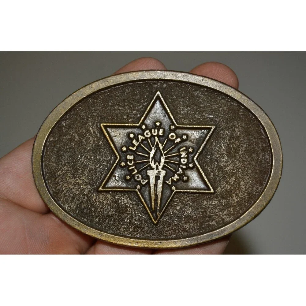 Vintage 1970s POLICE League of INDIANA Solid Brass Tone Belt Buckle Rare